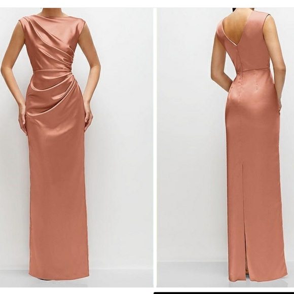 After Six Hannah High Neck Sleeveless Cap Shoulder Satin Maxi Dress Cognac 1X - Picture 10 of 11